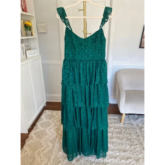 Lulus Emerald Green Maxi Dress Tiered Ruffle Romantic Wedding Guest Cottagecore - Picture 2 of 12